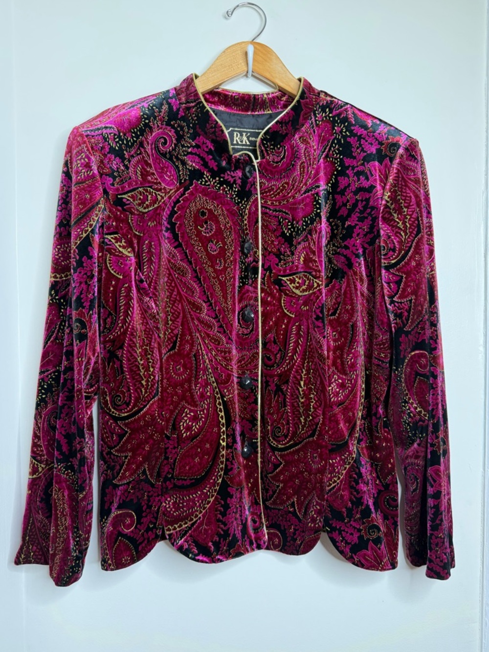 VTG R & K Evening Women's Velvet Paisley Blazer Fuchsia Black Gold Size 16